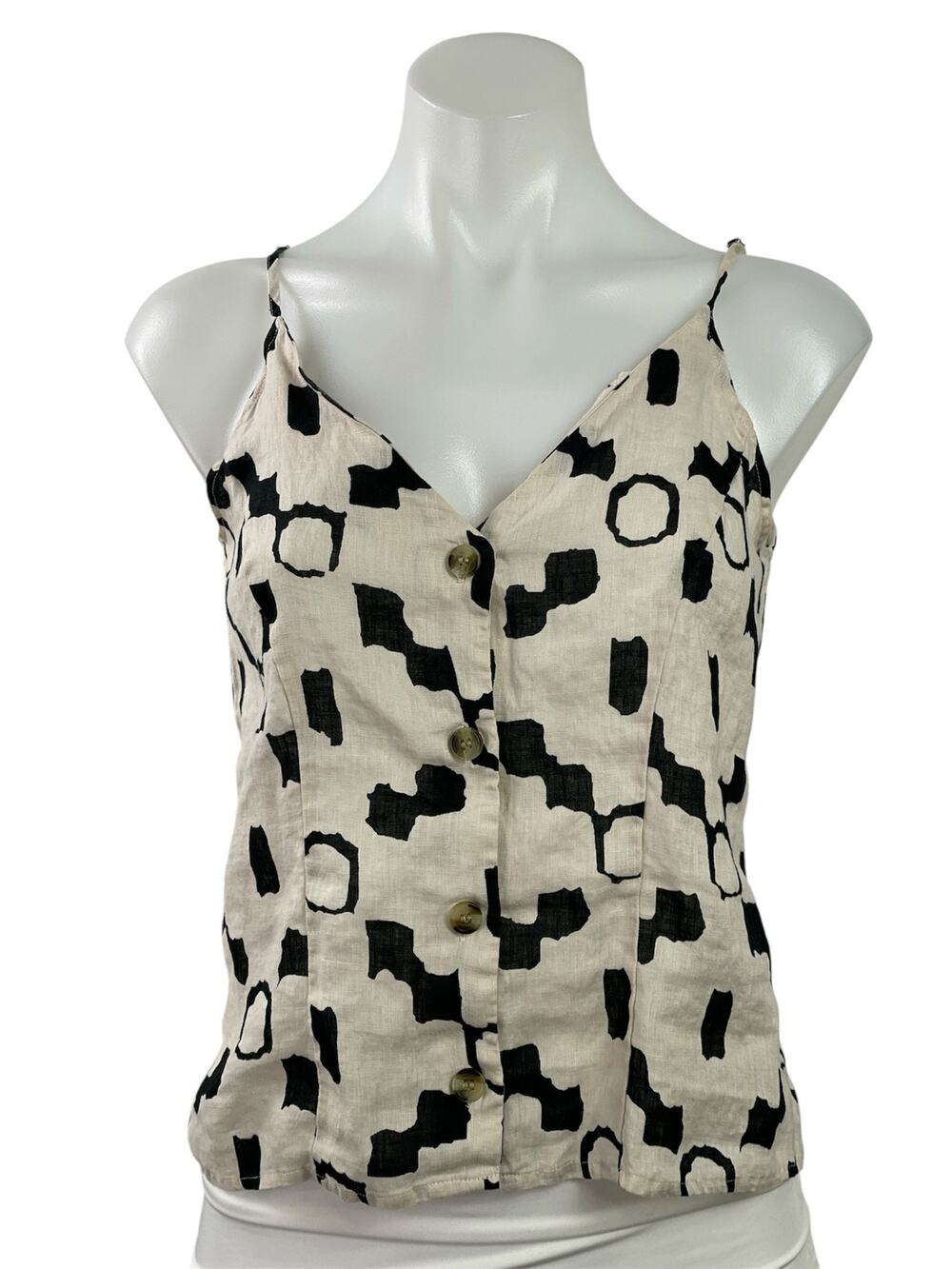 H&M Women's Cream Black Linen Geometric Button Up Cami Camisole Tank Top Size S